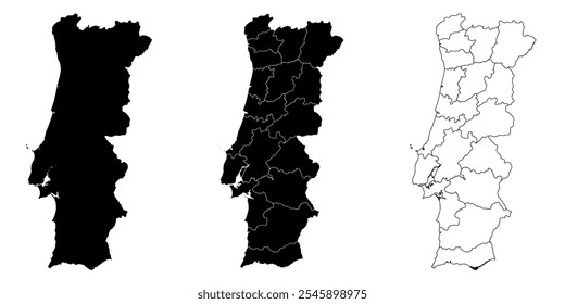 Mapa de Portugal en tres estilos: negro sólido, divisiones regionales y contorno.