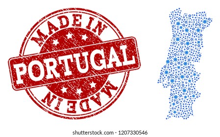 Map of Portugal vector mosaic and Made In grunge stamp. Map of Portugal created with blue gear links. Made in red seal with grunge rubber texture.
