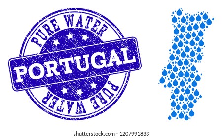 Map of Portugal vector mosaic and Pure Water grunge stamp. Map of Portugal designed with blue aqua dews. Seal with grunge rubber texture for pure drinking water.