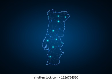 Map of Portugal. Wire frame 3D mesh polygonal network line, design sphere, dot and structure. communications map of Portugal. Vector Illustration EPS10.