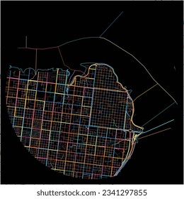 Map of Posadas with all major and minor roads, railways and waterways. Colorful line art on black background.
