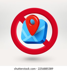 Map position icon in red circle with crossed line. No travel concept. 3d vector icon 