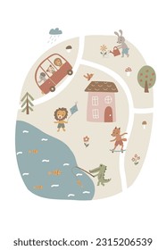 Map poster with cute animals, houses, cars, roads. Vector illustration for kids design.