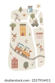 Map poster with cute animals, houses, cars, roads. Vector illustration for kids design.