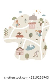 Map poster with cute animals, houses, cars, roads. Vector illustration for kids design.