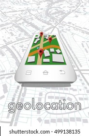 Map poster with places icons on smartphone. Vector illustration