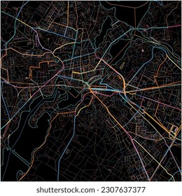 Karte von Potsdam, Brandenburg mit allen wichtigen und kleineren Straßen, Eisenbahnen und Wasserstraßen. Farbige Linienkunst auf schwarzem Hintergrund.