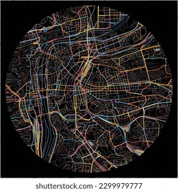 Map of Prague, Prague with all major and minor roads, railways and waterways. Colorful line art on black background.