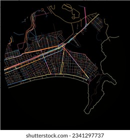 Map of PraiaGrande with all major and minor roads, railways and waterways. Colorful line art on black background.