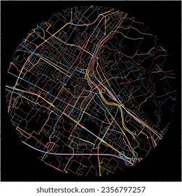 Map of Prato, Tuscany with all major and minor roads, railways and waterways. Colorful line art on black background.