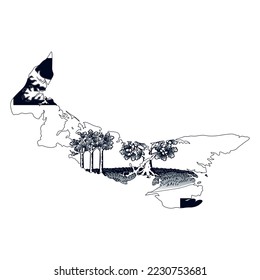 The map of the Prince Edward Islands province with its official flag in black and white color isolated on white background. Vector illustration