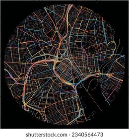 Map of Providence, Rhode Island with all major and minor roads, railways and waterways. Colorful line art on black background.