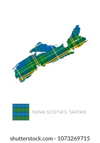 map of province nova scotia in canada filled with pattern of regional tartan and fragment of it on white background