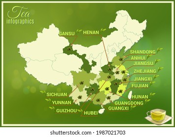 Map of the provinces of China where tea grows. Chinese green tea.