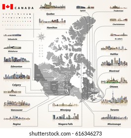 map of provinces and territories of Canada with largest cities and all states capitals skylines.  Location, navigation icons. All elements separated in detachable and labeled layers