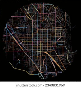 Map of Provo, Utah with all major and minor roads, railways and waterways. Colorful line art on black background.