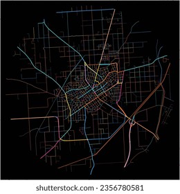 Map of Ptolemaida, Western Macedonia with all major and minor roads, railways and waterways. Colorful line art on black background.