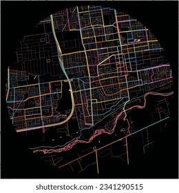 Map of PuenteAlto with all major and minor roads, railways and waterways. Colorful line art on black background.