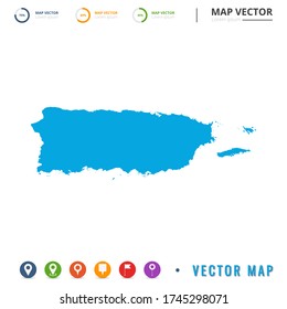 Karte von Puerto Rico blau und setzen Pin-Symbol.