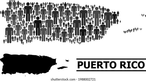 Map of Puerto Rico for demographics proclamations. Vector population collage. Concept map of Puerto Rico done of social elements. Demographic concept in dark grey color hues.