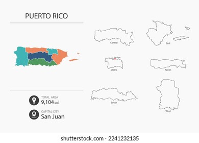 Map of Puerto Rico with detailed country map. Map elements of cities, total areas and capital.