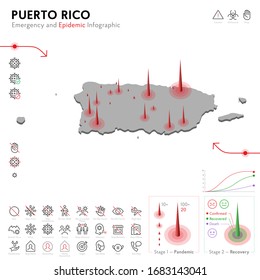 Map of Puerto Rico Epidemic and Quarantine Emergency Infographic Template. Editable Line icons for Pandemic Statistics. Vector illustration of Virus, Coronavirus, Epidemiology protection. Isolated