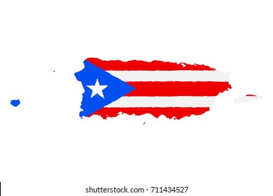 Map of Puerto Rico with Flag. Hand Painted with Brush. Vector Illustration.