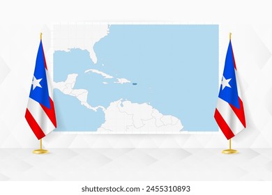 Map of Puerto Rico and flags of Puerto Rico on flag stand. Vector illustration for diplomacy meeting.