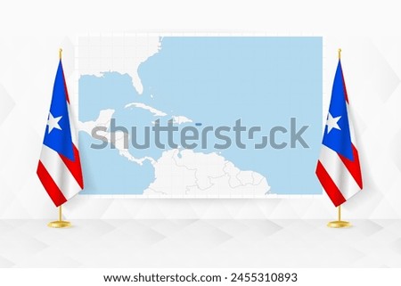 Map of Puerto Rico and flags of Puerto Rico on flag stand. Vector illustration for diplomacy meeting.