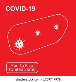 Map of Puerto Rico labeled "Epidemic and Quarantine." White outline map of Puerto Rico on a red background. Vector illustration of a virus, coronavirus, epidemiology.
