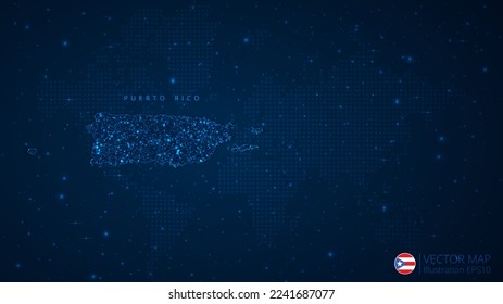 Map of Puerto Rico modern design with polygonal shapes on dark blue background. Business wireframe mesh spheres from flying debris. Blue structure style vector illustration concept.