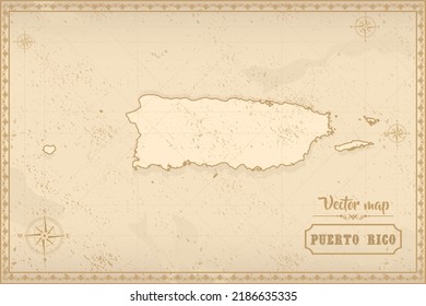 Map of Puerto Rico in the old style, brown graphics in retro fantasy style