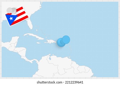 Mapa de Puerto Rico con un pin azul. Bandera enclavada de Puerto Rico, ilustración vectorial.