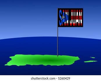 map of Puerto Rico with position of San Juan marked by flag pole illustration