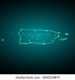 Map of Puerto Rico. Wire frame 3D mesh polygonal network line, design sphere, dot and structure. communications map of Puerto Rico. Vector Illustration EPS10.