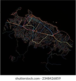 Karte von Puerto Plata, Puerto Plata mit allen wichtigen und kleineren Straßen, Eisenbahnen und Wasserstraßen. Farbige Linienkunst auf schwarzem Hintergrund.