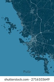 mapa de Pula, Croácia, renderizado em tons de azul-petróleo e branco. O mapa mostra o layout da cidade, incluindo estradas, litoral e áreas urbanas.