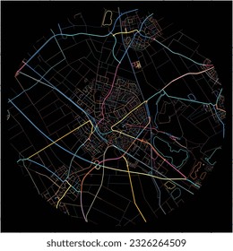 Map of Pulheim, North Rhine-Westphalia with all major and minor roads, railways and waterways. Colorful line art on black background.