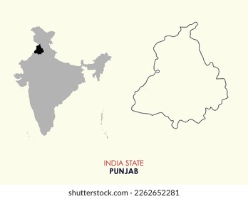 Map of Punjab, Map of Punjab with Indian Map, Punjab state of  India Vector Illustration, Outline Map of Punjab, India.