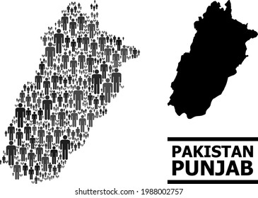 Map of Punjab Province for demographics posters. Vector demographics mosaic. Pattern map of Punjab Province created of social icons. Demographic scheme in dark grey color shades.