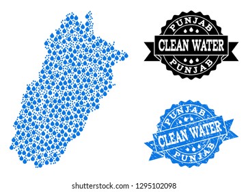 Map of Punjab Province vector mosaic and clean water grunge stamp. Map of Punjab Province created with blue water dews. Seal with distress rubber texture for clean drinking water.