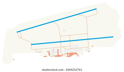 Map of Punta Cana International Airport (Dominican Republic). IATA-code: PUJ. Airport diagram with runways, taxiways, apron, parking areas and buildings. Map Data from OpenStreetMap.