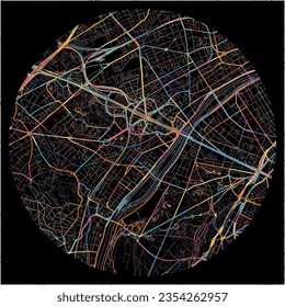 Map of Puteaux, Hauts-de-Seine with all major and minor roads, railways and waterways. Colorful line art on black background.