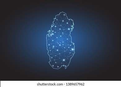 Map of Qatar - Abstract mash line and point scales on circuit dark background. Wire frame 3D mesh polygonal network line, design sphere, dot and structure. Vector illustration eps 10.