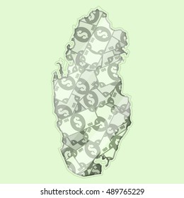 Map Qatar covered in money, bank notes of one hundred dollars. On the map there is glass reflection. Conceptual.