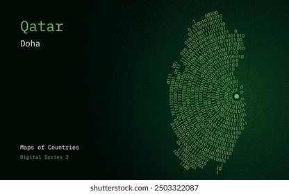 A map of Qatar depicted in zeros and ones in the form of a circle. The capital, Doha, is shown in the center of the circle	
