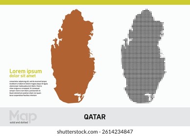 Map of Qatar in dual designs, featuring brown solid details and black abstract dotted patterns, isolated on a white background
