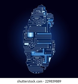 Map of Qatar with electronic circuit. Contour map of Qatar with a technological electronics circuit. 