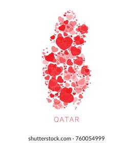 map of qatar filled with hearts mosaic of different sizes and degrees of transparency