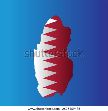 Map of Qatar filled with maroon and white serrated flag colors, labeled "Qatar".